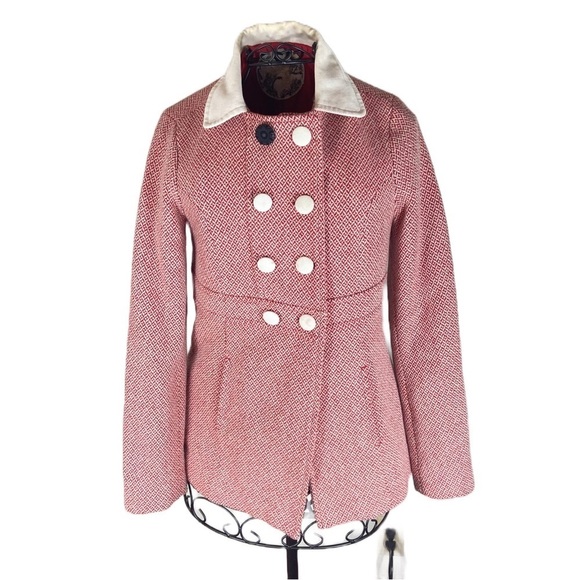 Women's Rare Zara Pink Double-Breasted Pea Coat Houndstooth Pattern Size Small - Picture 1 of 16